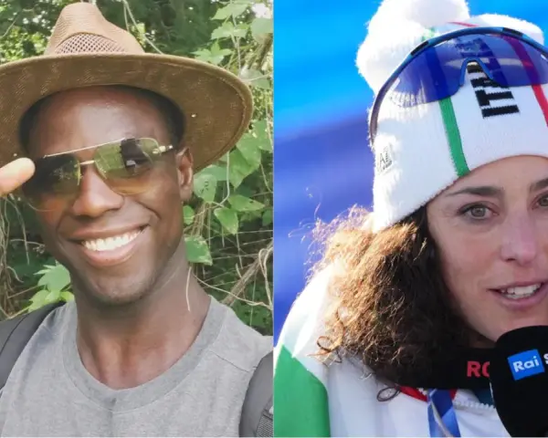 Federica Brignone sorride, mentre il suo fidanzato fa il segno della vittoria.