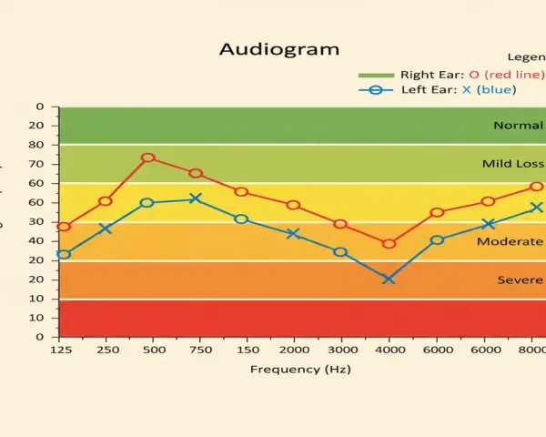 Audiogram montrant la formule décibel pour l'oreille droite (rouge) et gauche (bleu), indiquant différents niveaux de perte auditive.