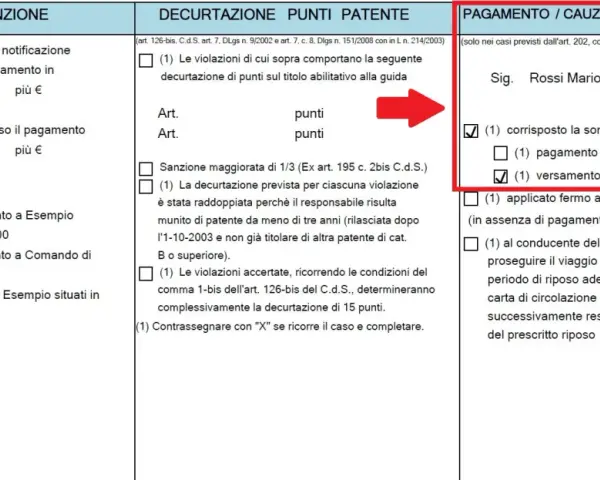 Pagamento di €266,00 per violazione art. 94 CDS, con versamento a titolo di cauzione.