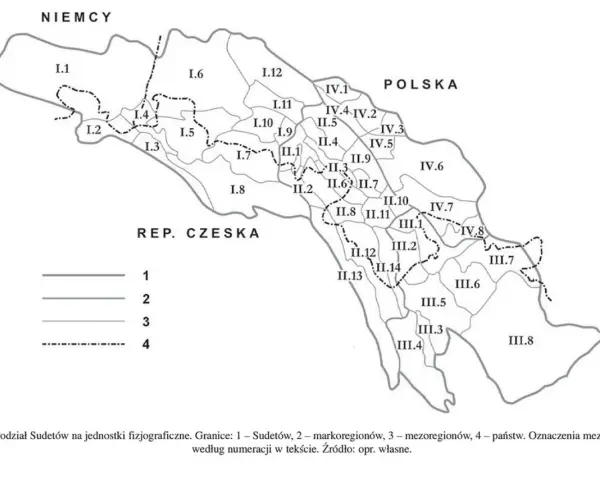 Mapa pokazuje, gdzie są Sudety, podzielone na jednostki fizjograficzne, z granicami państw i regionów.