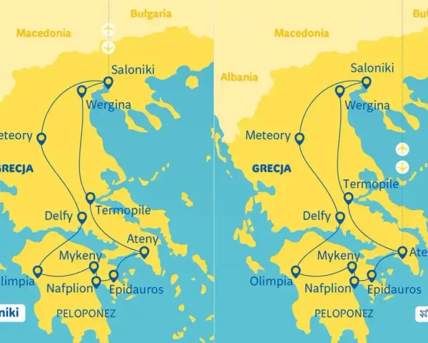 Trasa wycieczki po Grecji, obejmująca Saloniki, Meteory, Delfy, Termopile, Ateny, Mykeny, Epidauros, Nafplion, Olimpię i półwysep Peloponez.