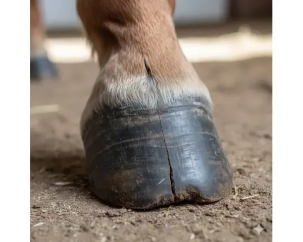 Gros plan sur le sabot noir d'un cheval, montrant une fissure visible. Le poil brun clair du cheval est visible au-dessus du sabot.