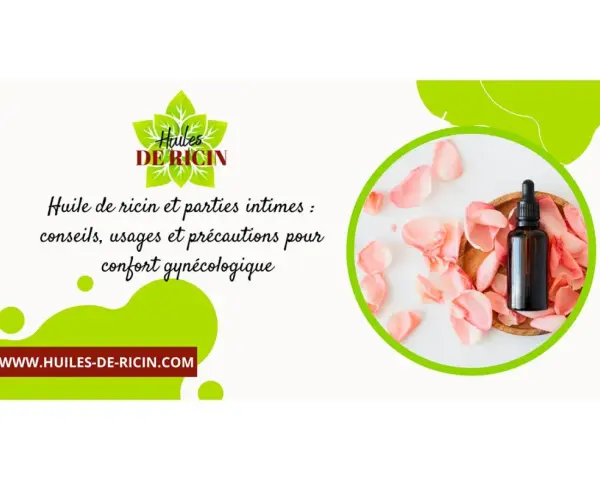 Flacone di olio di ricino su petali di rosa, con testo su consigli e usi per il comfort intimo.