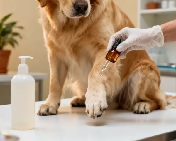Veterinario aplica gotas de cristalmina en la pata de un perro.