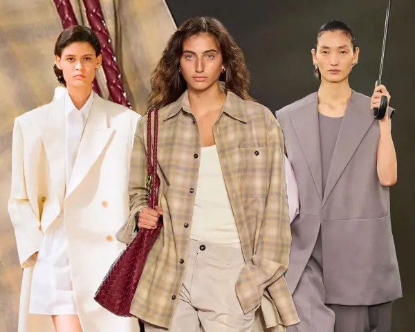 Modelos exhiben atuendos de lujo silencioso: un traje blanco impecable, una camisa a cuadros con bolso de cuero y un traje gris con paraguas.