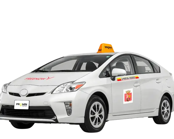 Biała taksówka z napisem "FRENOW Y" i żółtym dachem "TAXI". Idealny samochód, gdy potrzebujesz transportu.