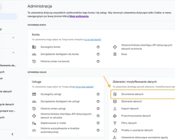 Panel administracyjny Google Analytics. Widoczny jest podział na ustawienia konta i usługi, a także opcje zbierania i modyfikowania danych, w tym strumienie danych.