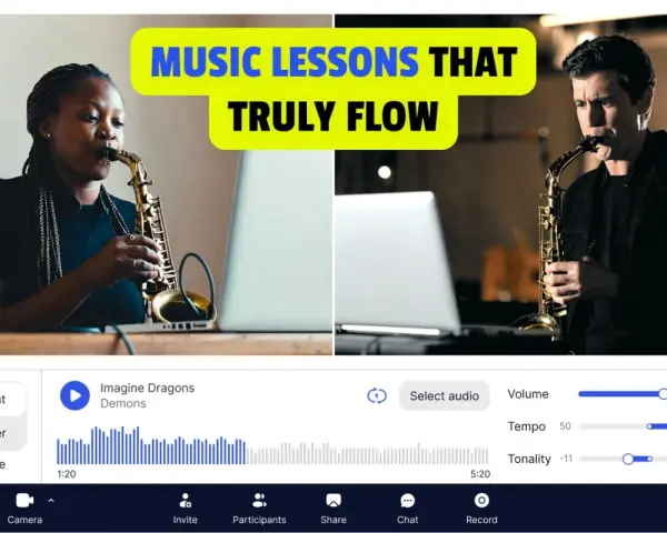 Kobieta i mężczyzna grają na saksofonie podczas lekcji online. Muzyka płynie!