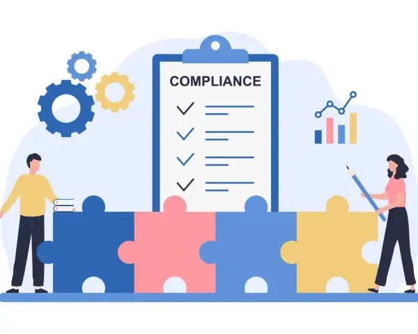 Puzzle pieces form a base for a compliance checklist, gears, and a graph, symbolizing the structured approach to social media compliance.