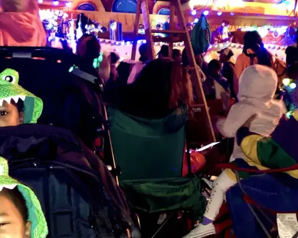 Two kids in dinosaur hoodies watch a vibrant Mardi Gras parade. They're ready for fun at this family-friendly event.