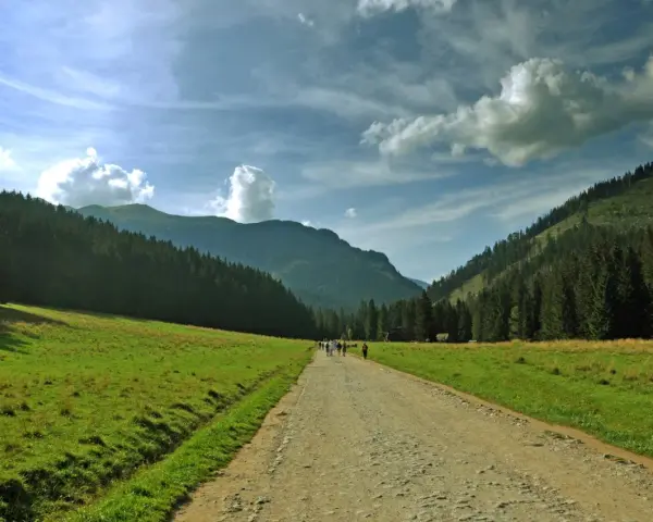 Droga przez dolinę, otoczoną lasami i górami, przypomina krajobrazy z obrazów Witkacego.