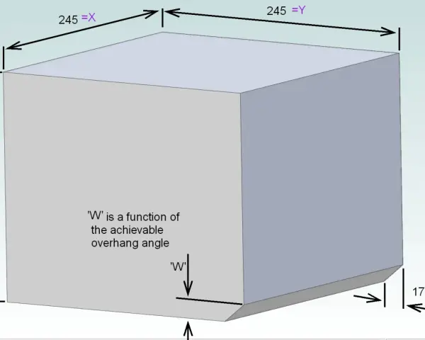 Diagram showing 3D printer sizes with dimensions X=245, Y=245, Z=200, and overhang W.