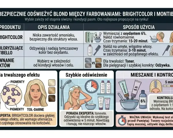 Porównanie tonerów i odżywek do włosów: BRIGHTCOLOR dla trwałego efektu, MONTIBELLO dla szybkiego odświeżenia. Różne cmr kolory i sposoby użycia.