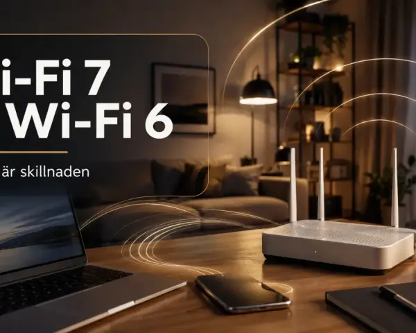 Wi-Fi 7 vs Wi-Fi 6: en jämförelse av trådlös teknik. En router med antenner på ett bord, bredvid en laptop och en mobiltelefon.