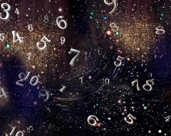 Liczby unoszące się w kosmicznej przestrzeni, sugerujące astrologię lub numerologię.