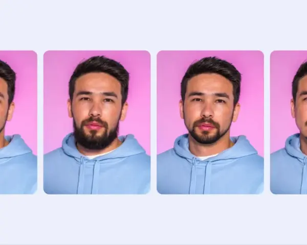 Hombre con diferentes tipos de barba para cara redonda: barba corta, poblada, de chivo y de tres días.