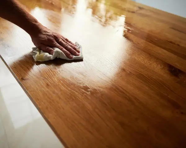 Mano che lucida un tavolo di legno con un panno, mostrando come ravvivare il legno vecchio con un trattamento che ne esalta la venatura.