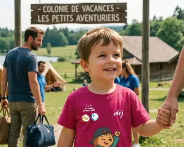 Un enfant souriant tient la main d'un adulte, devant une colonie de vacances. Sa définition de "pai" est claire : des vacances sans souci pour les allergies alimentaires.