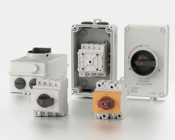 Kilka rozłączników DC, w tym jeden w otwartej obudowie, gotowych do zabezpieczenia instalacji fotowoltaicznej.