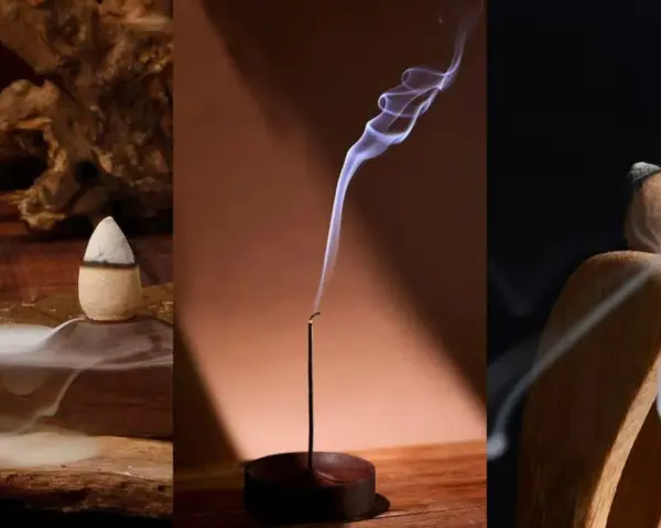 Tres escenas de incienso: un cono en madera, una varilla con humo ondulante y dos conos en un soporte. Aprende como apagar incienso.