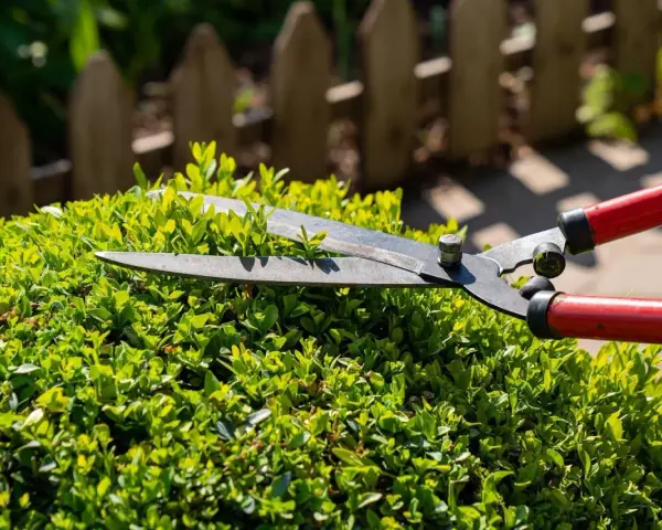En sax klipper i ett perfekt klippt buxbom klot. Trädgårdsarbete i solen.
