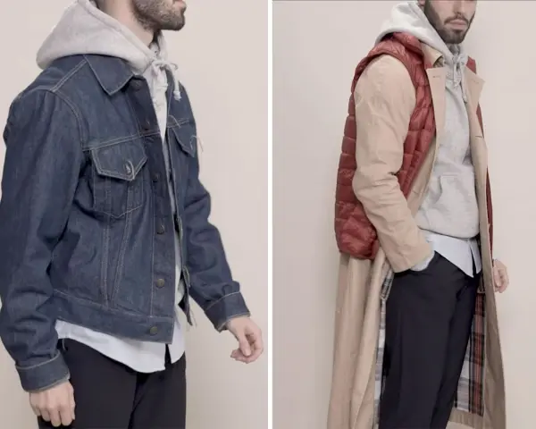 Dos looks de entretiempo: cazadora vaquera y sudadera, o gabardina, chaleco acolchado y sudadera.