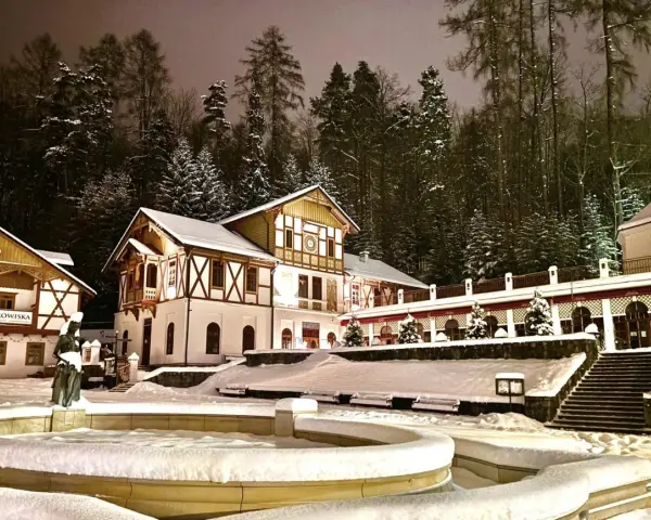 Architektura Szczawnicy nocą, ośnieżone budynki i drzewa, fontanna.