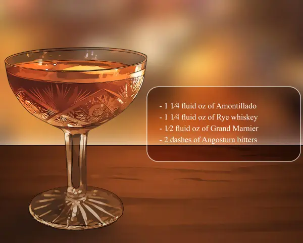 Ein eleganter Sherry-Cocktail, der zeigt, wie trinkt man Sherry: Amontillado, Rye Whiskey, Grand Marnier und Angostura.
