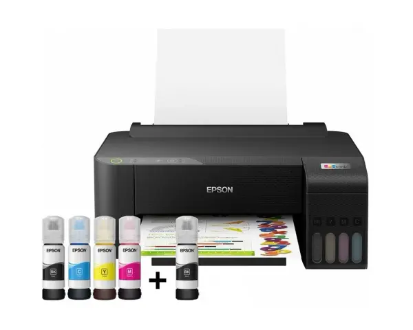 Drukarka Epson z systemem Ecotank, ceniona marka drukarek, w zestawie z butelkami z tuszem.