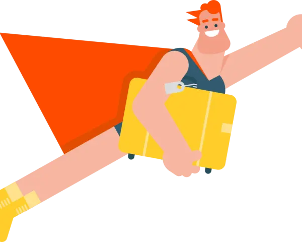 Cartoon man with orange cape and yellow boots flying with a yellow suitcase.