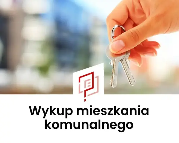 Dłoń trzyma klucze. Pod spodem napis "Wykup mieszkania komunalnego", sugerujący cenę za metr.