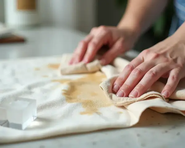 Ręce delikatnie usuwają plamę z żywicy z jasnego materiału za pomocą ściereczki.