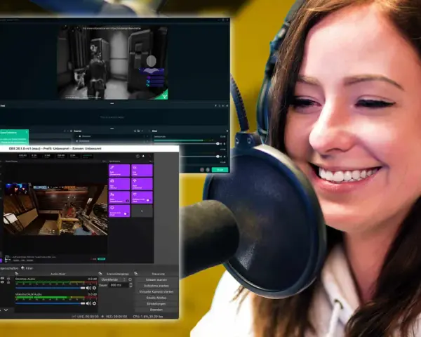 Eine Frau mit Kopfhörern lacht vor einem Mikrofon, während sie ihren Stream-Setup mit OBS und anderen Programmen im Hintergrund einrichtet.