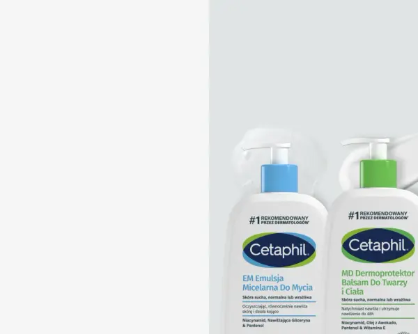 Dwa produkty Cetaphil: emulsja micelarna i balsam do twarzy i ciała, rekomendowane przez dermatologów.