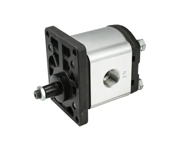 Pompa hydrauliczna z silnikiem elektrycznym, z metalową obudową i czarną podstawą.