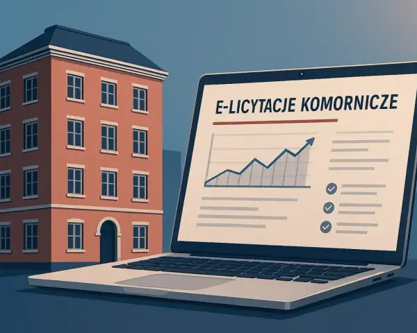 Domy wystawione na licytacje przez komornika. Na ekranie laptopa widnieje napis "E-licytacje komornicze" i wykres wzrostu.