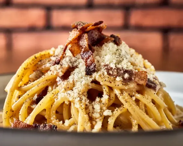 Pyszny makaron włoski carbonara z chrupiącym boczkiem i parmezanem, posypany świeżo mielonym pieprzem.