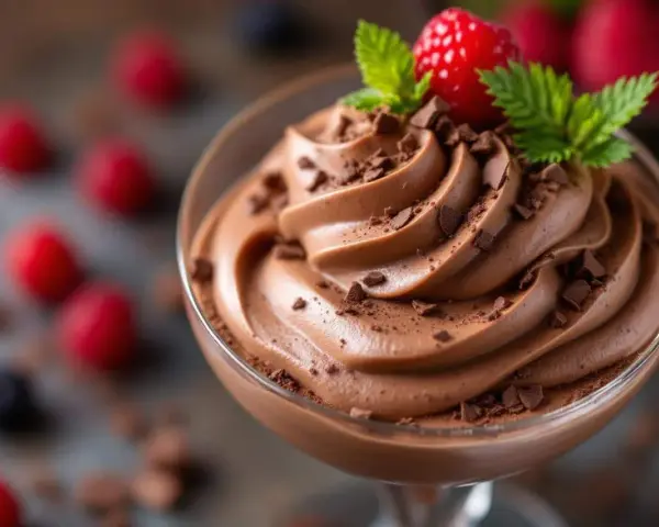 Délicieux dessert sans oeuf : mousse au chocolat onctueuse, garnie de copeaux de chocolat, d'une framboise fraîche et de feuilles de menthe.