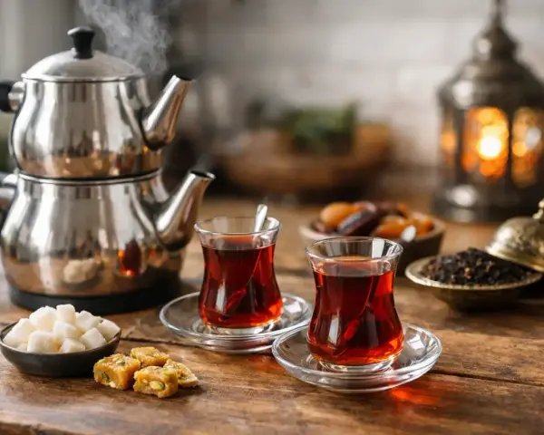 Para podana do degustacji: gorąca herbata po turecku, cukierki i suszone owoce.