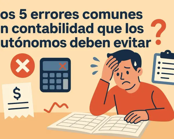 Un autónomo agobiado frente a errores comunes en contabilidad. Calculadora, ticket y lista de tareas sugieren la dificultad de contabilizar cuota autónomo.