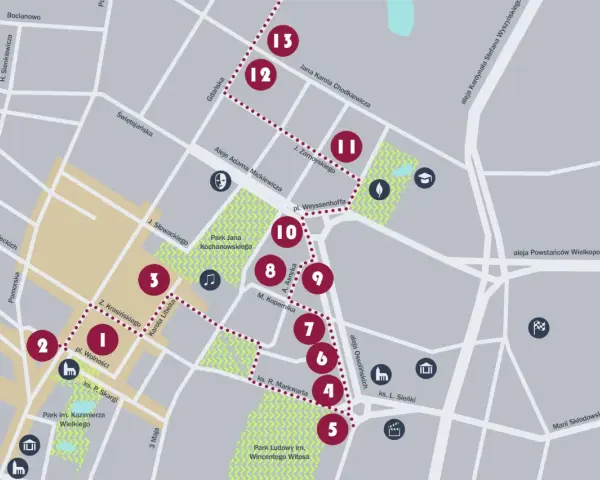 Mapa turystyczna z zaznaczonymi punktami, m.in. Parkiem im. Kazimierza Wielkiego i placem Wolności. Dag Bromberg mógłby tu odkrywać ciekawe miejsca.