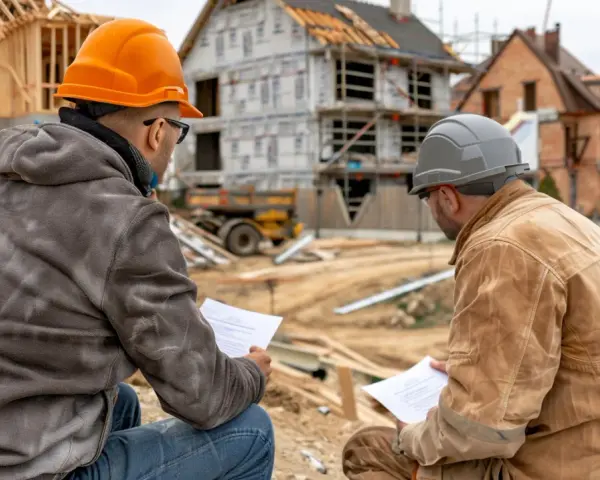 Deux hommes en casque discutent des plans sur un chantier. L'un d'eux, un artisan qui ne vient pas faire les travaux, semble expliquer quelque chose.