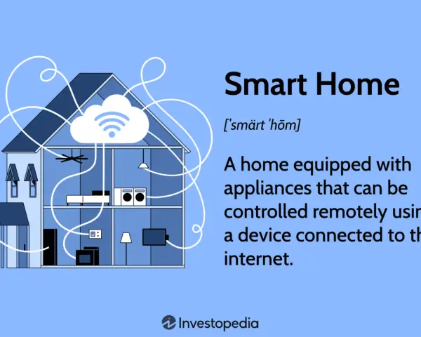 Illustration of a smart home with appliances like a TV, washer, and lights connected via Wi-Fi, showcasing home automation examples.