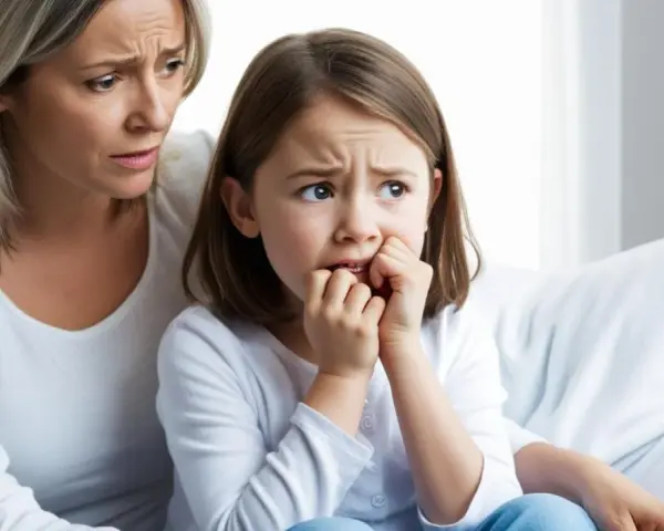 Zmartwiona mama wspiera córkę, która obgryza paznokcie. Problem obgryzania paznokci u dzieci wymaga uwagi psychologa.