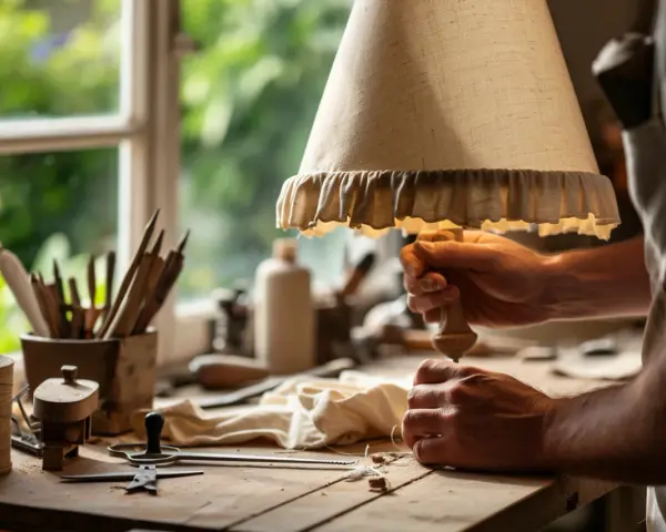 Artisan travaillant sur un abat-jour en tissu, une belle création pour faire un abat-jour en tissu sans polyphane.