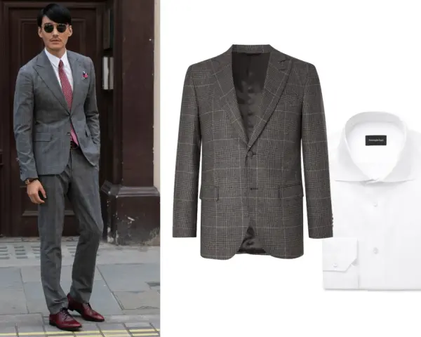 Hombre con traje gris a cuadros y camisa blanca. Ideas de traje gris mujer combinaciones elegantes.