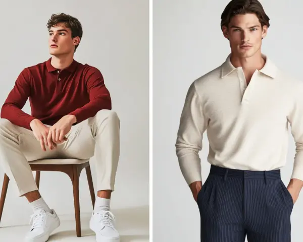 Due modelli presentano un elegante outfit con polo uomo: uno con polo bordeaux e pantaloni chiari, l'altro con polo beige e pantaloni a righe blu.