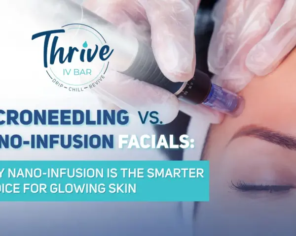A gloved hand performs nano-infusion on a woman's forehead, promoting glowing skin.
