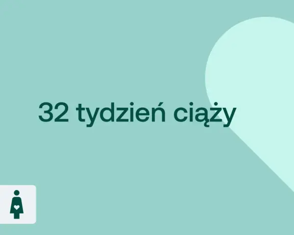 32 tydzień ciąży. Serce i ikony D+ oraz kobiety w ciąży na tle w odcieniach zieleni.