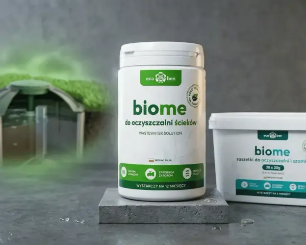 Bakteria do szamba "biome" w opakowaniu i saszetkach, wspierająca działanie oczyszczalni ścieków.